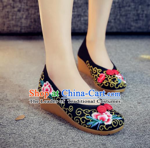 Traditional Chinese National Hanfu Black Embroidered Shoes, China Princess Embroidery Wedge Heel Shoes for Women