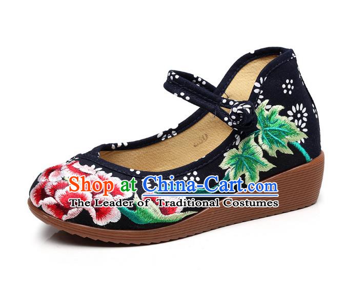 Traditional Chinese National Hanfu Black Embroidered Shoes, China Princess Embroidery Peony Shoes for Women