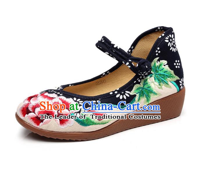 Traditional Chinese National Hanfu White Embroidered Shoes, China Princess Embroidery Peony Shoes for Women