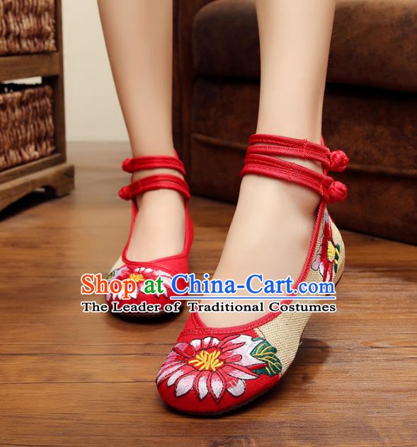 Traditional Chinese National Red Linen Embroidered Shoes, China Princess Shoes Hanfu Embroidery Flower Shoes for Women