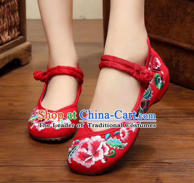 Traditional Chinese National Red Canvas Shoes Embroidered Peony Shoes, China Princess Embroidery Shoes for Women