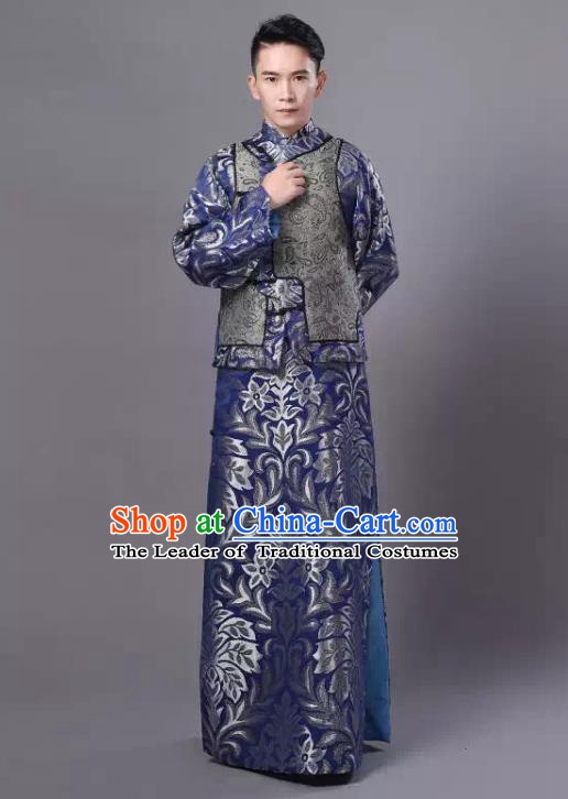 Traditional Chinese Qing Dynasty Royal Highness Costume, China Ancient Manchu Embroidered Robe and Mandarin Jacket for Men