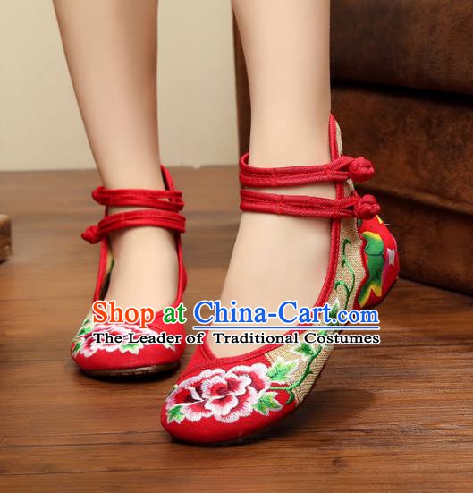 Traditional Chinese National Hanfu Linen Embroidered Peony Shoes, China Princess Shoes Embroidery Red Shoes for Women