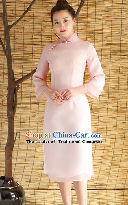 Traditional Chinese National Costume Hanfu Pink Stand Collar Qipao Dress, China Tang Suit Cheongsam for Women