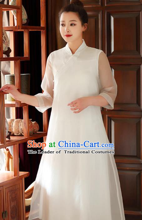 Traditional Chinese National Costume Hanfu Slant Opening White Qipao Dress, China Tang Suit Cheongsam for Women