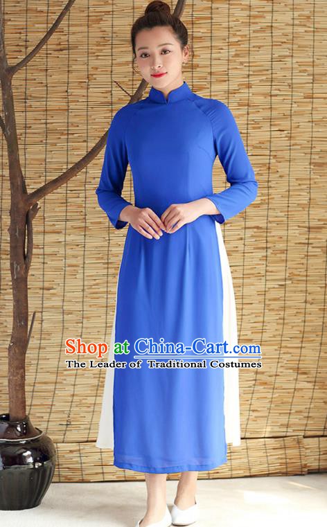 Traditional Chinese National Costume Hanfu Blue Qipao Dress, China Tang Suit Cheongsam for Women