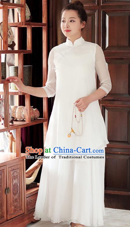 Traditional Chinese National Costume Hanfu White Qipao Dress, China Tang Suit Cheongsam for Women