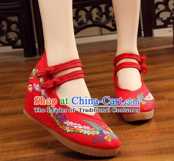Traditional Chinese National Hanfu Wedding Red Embroidered Shoes, China Princess Embroidery Phoenix Shoes for Women