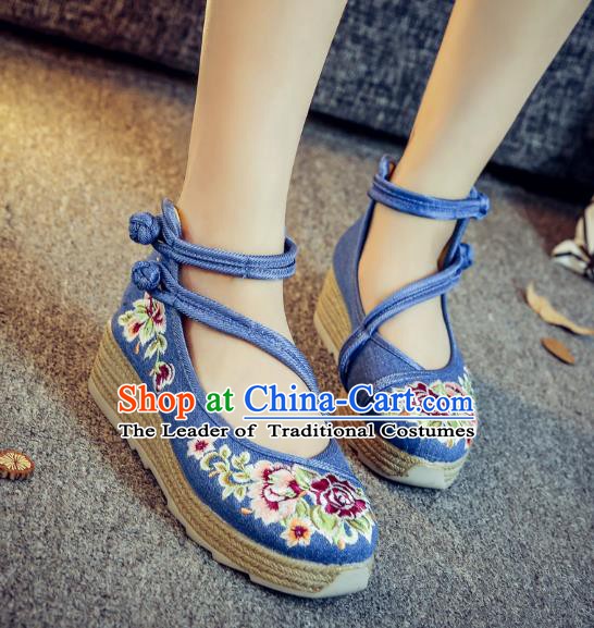 Traditional Chinese National Hanfu Blue Linen Embroidered Shoes, China Princess Embroidery Peony Shoes for Women