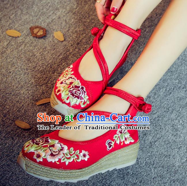 Traditional Chinese National Hanfu Red Linen Embroidered Shoes, China Princess Embroidery Peony Shoes for Women