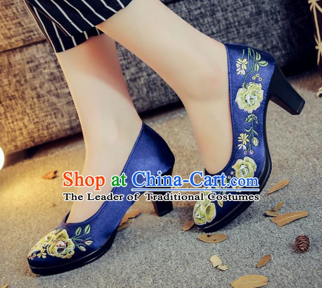 Traditional Chinese National Hanfu Royalblue Embroidered Shoes, China Princess Embroidery Peony High-heeled Shoes for Women