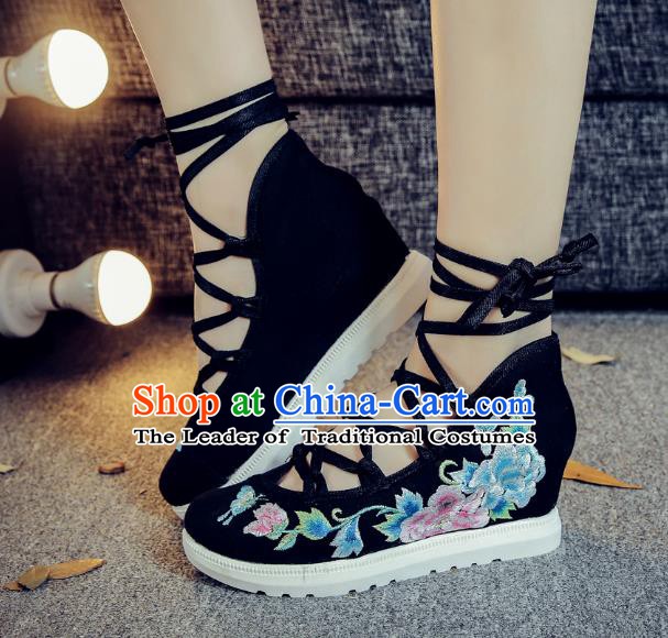 Traditional Chinese National Hanfu Black Embroidered Shoes, China Princess Embroidery Peony Shoes for Women