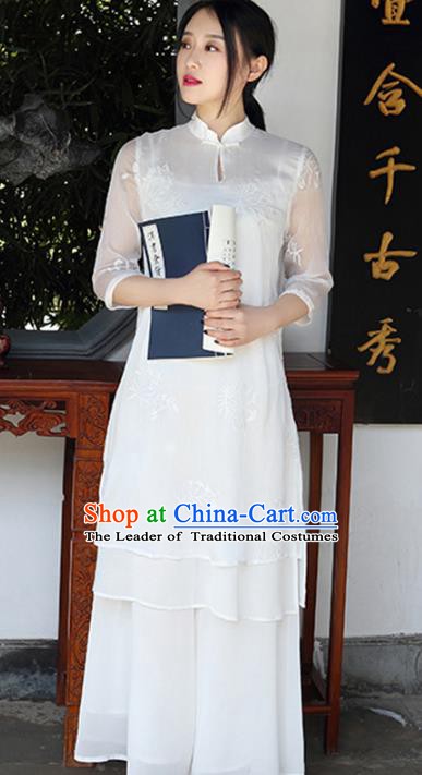 Traditional Chinese National Costume Hanfu White Qipao Dress, China Tang Suit Embroidered Cheongsam for Women