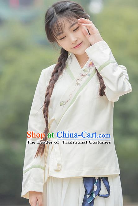 Traditional Chinese National Costume Hanfu Embroidery White Blouse, China Tang Suit Cheongsam Upper Outer Garment Shirt for Women