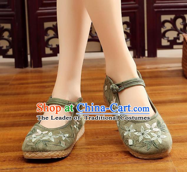 Traditional Chinese National Hanfu Embroidery Cherry Blossom Green Shoes, China Princess Embroidered Shoes for Women