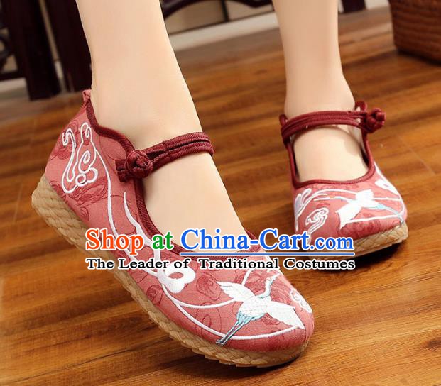 Traditional Chinese National Hanfu Red Embroidery Crane Shoes, China Princess Embroidered Shoes for Women