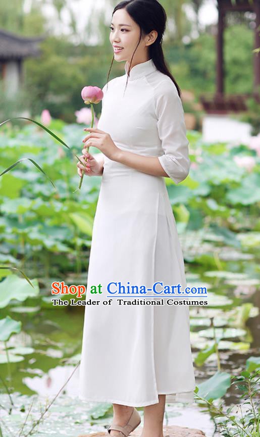 Traditional Chinese National Costume Hanfu White Qipao Dress, China Tang Suit Cheongsam for Women