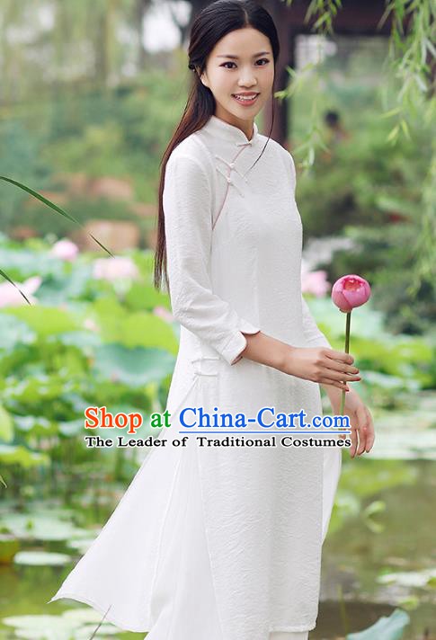 Traditional Chinese National Costume Hanfu Slant Opening White Qipao Dress, China Tang Suit Cheongsam for Women