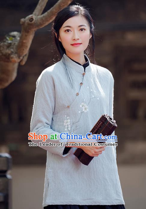 Traditional Chinese National Costume Hanfu Printing Wintersweet Grey Blouse, China Tang Suit Cheongsam Upper Outer Garment Shirt for Women