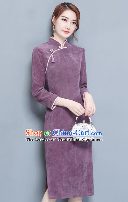 Traditional Chinese National Costume Hanfu Purple Qipao Dress, China Tang Suit Cheongsam for Women