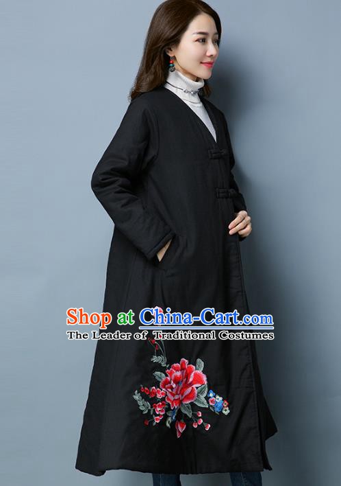 Traditional Chinese National Costume Hanfu Embroidered Black Cotton-padded Coat, China Tang Suit Coat for Women