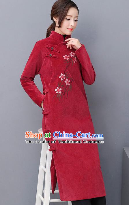 Traditional Chinese National Costume Hanfu Wine Red Qipao, China Tang Suit Cheongsam Dress for Women