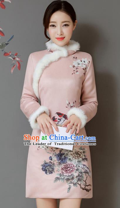 Traditional Chinese National Costume Hanfu Printing Flowers Pink Qipao Dress, China Tang Suit Cheongsam for Women