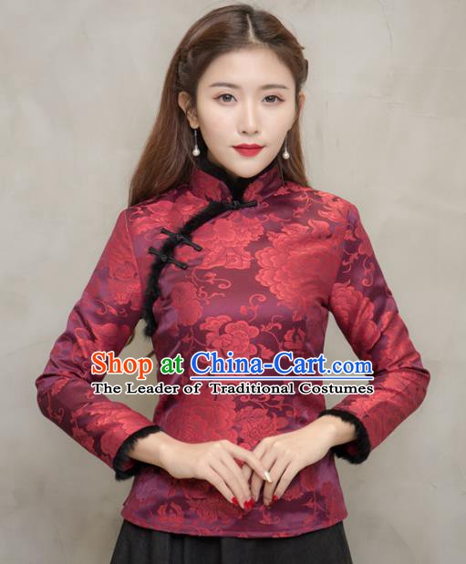 Traditional Chinese National Costume Hanfu Printing Purplish Red Blouse, China Tang Suit Cheongsam Upper Outer Garment Shirt for Women