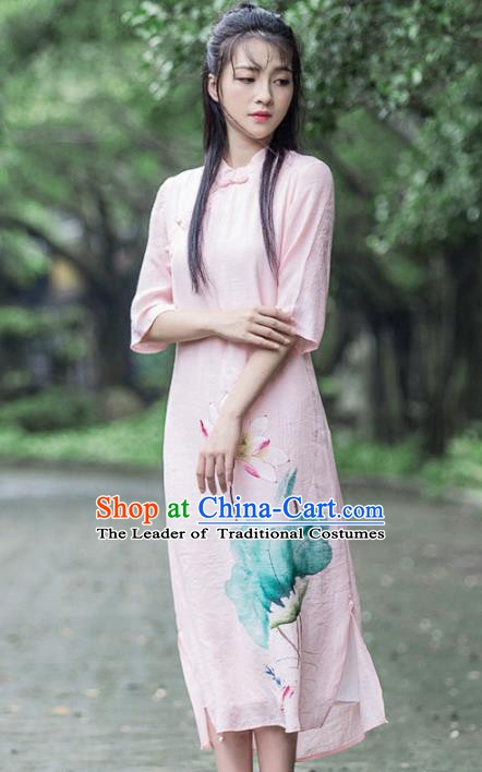 Traditional Chinese National Costume Hanfu Pink Linen Painting Lotus Qipao, China Tang Suit Cheongsam Dress for Women