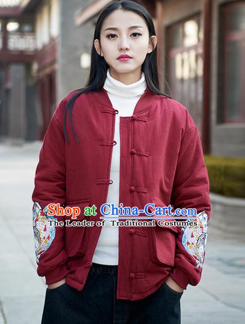 Traditional Chinese National Costume Hanfu Embroidered Red Cotton-padded Jacket, China Tang Suit Coat for Women