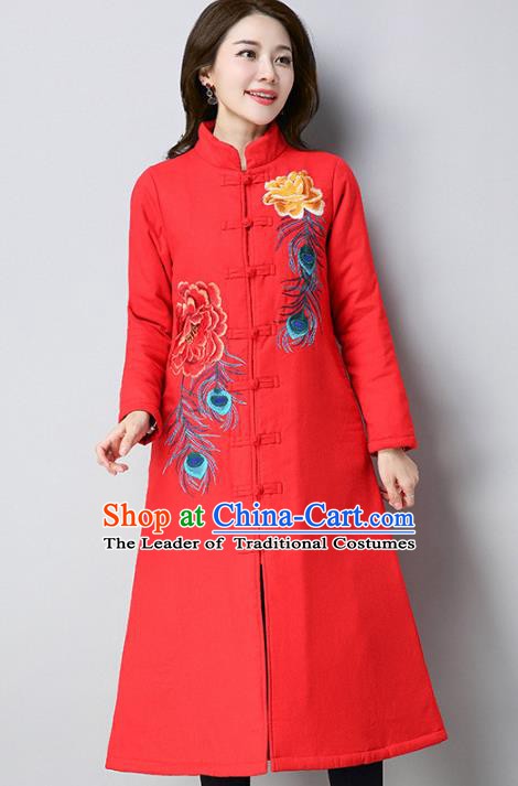 Traditional Chinese National Costume Hanfu Red Embroidered Cotton-padded Coat, China Tang Suit Dust Coat for Women