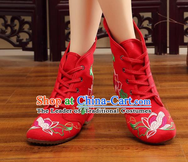 Traditional Chinese National Hanfu Embroidery Flowers Red Shoes, China Ancient Embroidered Shoes for Women