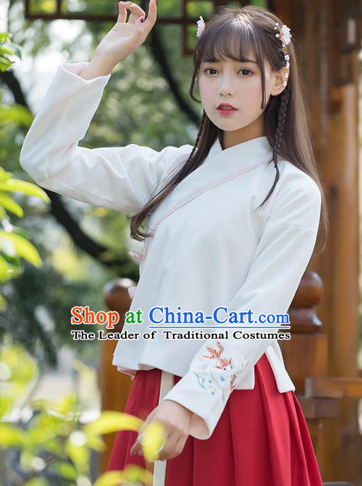 Traditional Chinese National Costume Hanfu Embroidery White Blouse, China Tang Suit Cheongsam Upper Outer Garment Shirt for Women