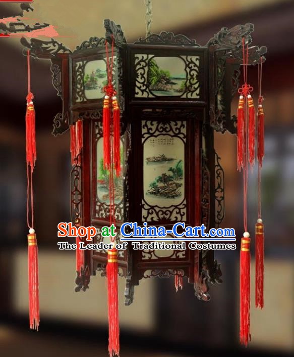 Traditional Chinese Handmade Landscape Painting Lantern Classical Wood Palace Lantern China Ceiling Palace Lamp
