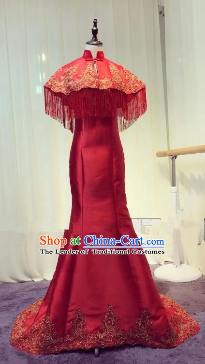 Chinese Style Wedding Catwalks Costume Wedding Bride Red Fishtail Full Dress Compere Embroidered Cheongsam for Women