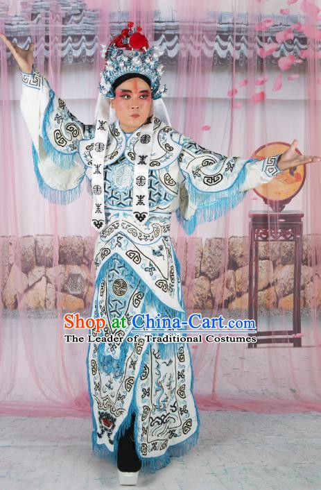 Chinese Beijing Opera Takefu Costume White Embroidered Robe, China Peking Opera Warrior Embroidery Gwanbok Clothing