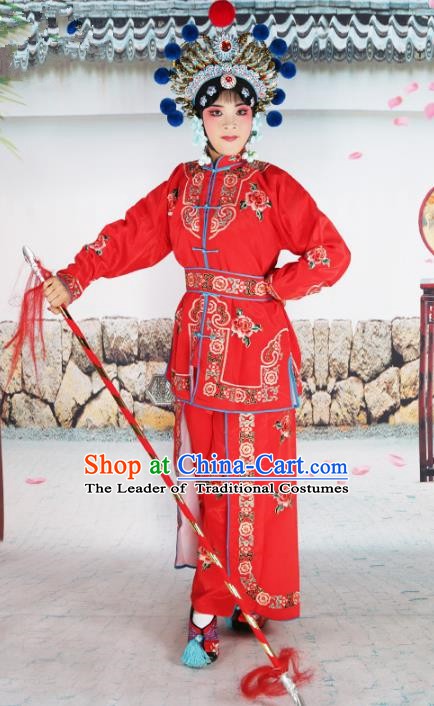 Chinese Beijing Opera Warrior Embroidered Red Costume, China Peking Opera Blues Actress Embroidery Clothing