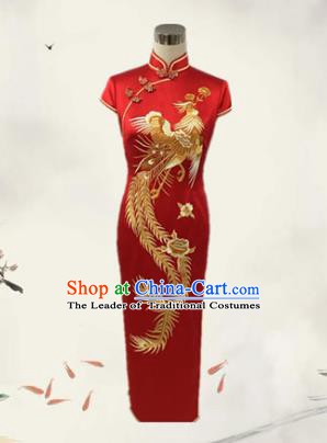 Traditional Chinese National Costume Wedding Mandarin Red Qipao, Tang Suit Embroidered Chirpaur Silk Cheongsam Clothing for Women