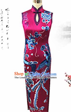 Traditional Chinese National Costume Rosy Mandarin Qipao, Tang Suit Embroidered Peony Chirpaur Silk Cheongsam Clothing for Women