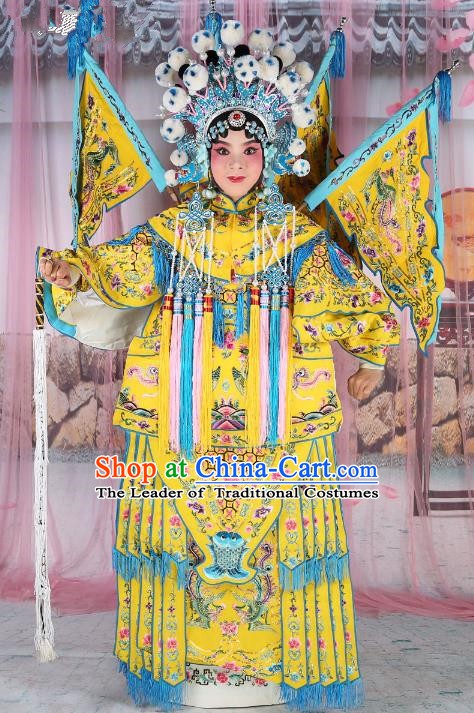 Chinese Beijing Opera Female General Costume Yellow Embroidered Robe, China Peking Opera Blues Warrior Embroidery Gwanbok Clothing