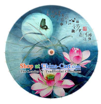 Asian China Dance Umbrella Stage Performance Umbrella Hand Painting Lotus Blue Oil-paper Umbrellas