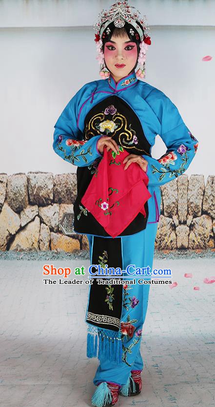 Chinese Beijing Opera Servant Girl Black Embroidered Costume, China Peking Opera Actress Embroidery Clothing