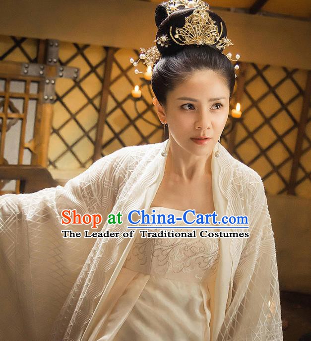 Traditional Chinese Ancient Tang Dynasty Palace Lady Embroidered Costume and Headpiece Complete Set