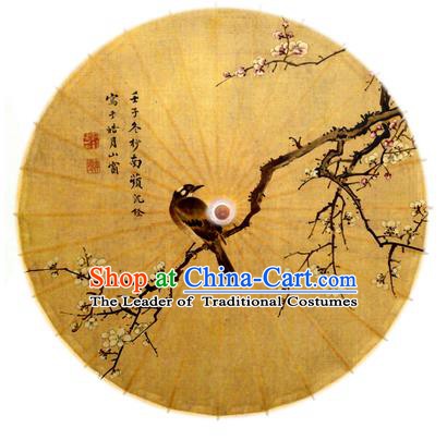 Asian China Dance Handmade Umbrella Ink Painting Plum Blossom Birds Brown Oil-paper Umbrella Stage Performance Props Umbrellas