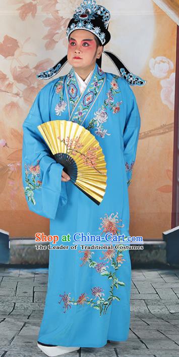 hinese Beijing Opera Niche Costume Blue Embroidered Robe, China Peking Opera Scholar Embroidery Chrysanthemum Clothing