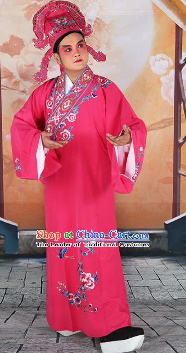 Chinese Beijing Opera Niche Costume Peach Pink Embroidered Robe, China Peking Opera Scholar Embroidery Peony Clothing