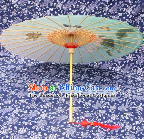 China Traditional Dance Handmade Umbrella Printing Greenish Lily Flower Oil-paper Umbrella Stage Performance Props Umbrellas