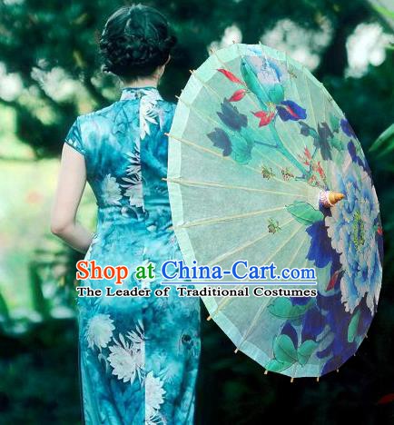 Handmade China Traditional Folk Dance Umbrella Painting Peony Green Oil-paper Umbrella Stage Performance Props Umbrellas