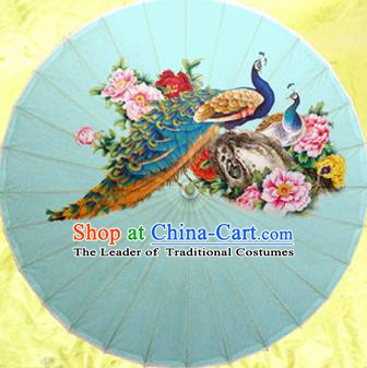 Handmade China Traditional Dance Wedding Umbrella Printing Peacock Blue Oil-paper Umbrella Stage Performance Props Umbrellas