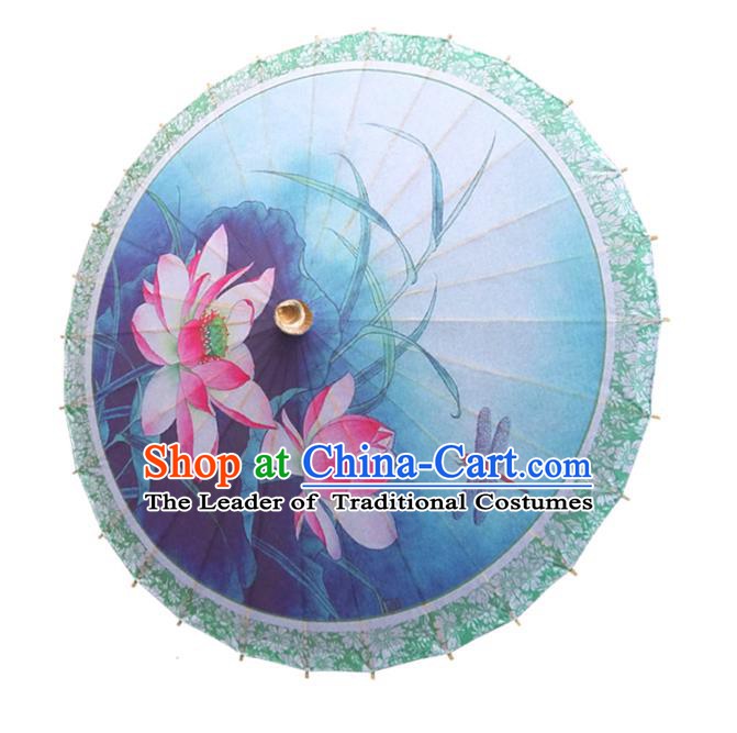 Handmade China Traditional Folk Dance Umbrella Painting Lotus Blue Oil-paper Umbrella Stage Performance Props Umbrellas